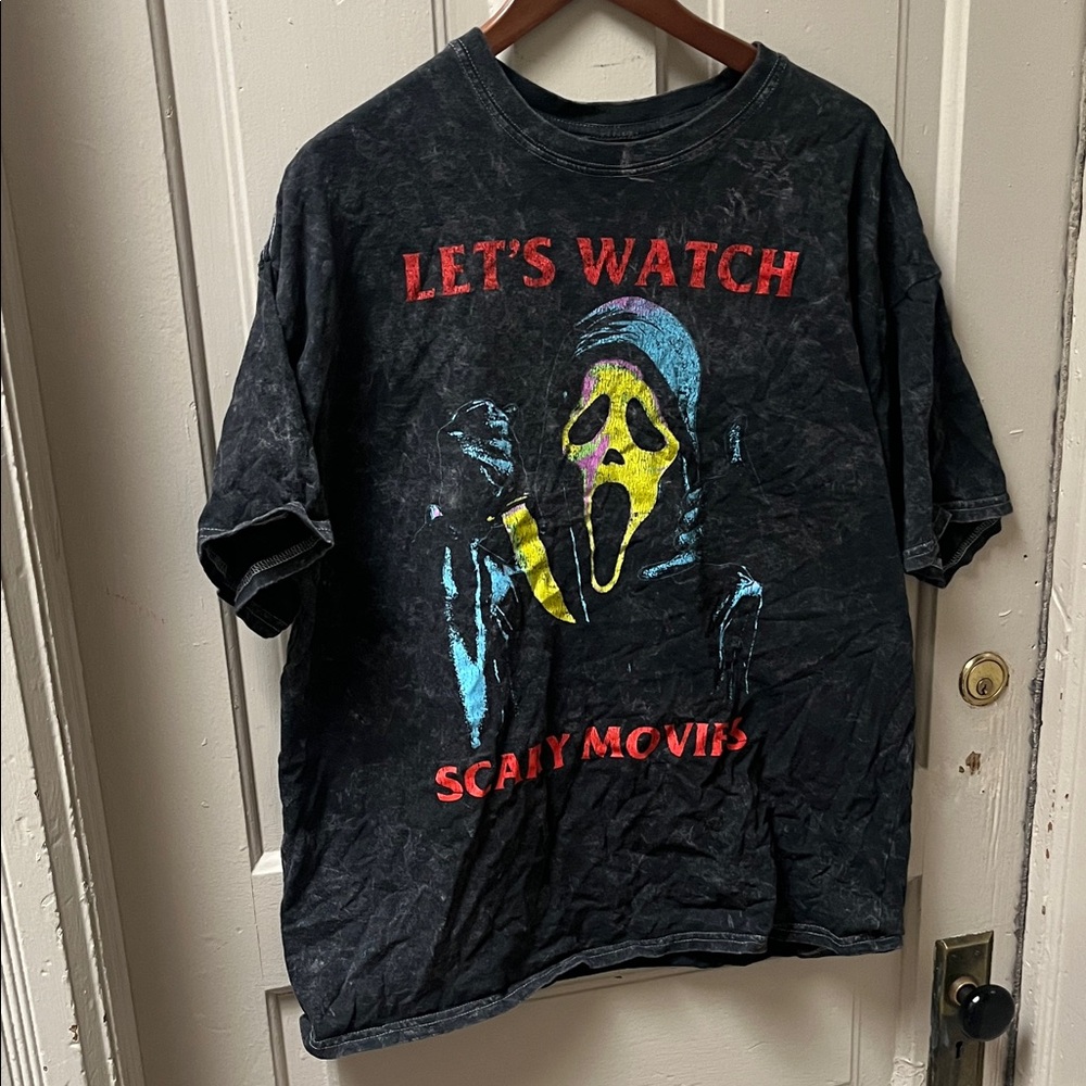 Bioworld Black 'Let's Watch Scary Movies' Graphic Tee with Neon Horror Print